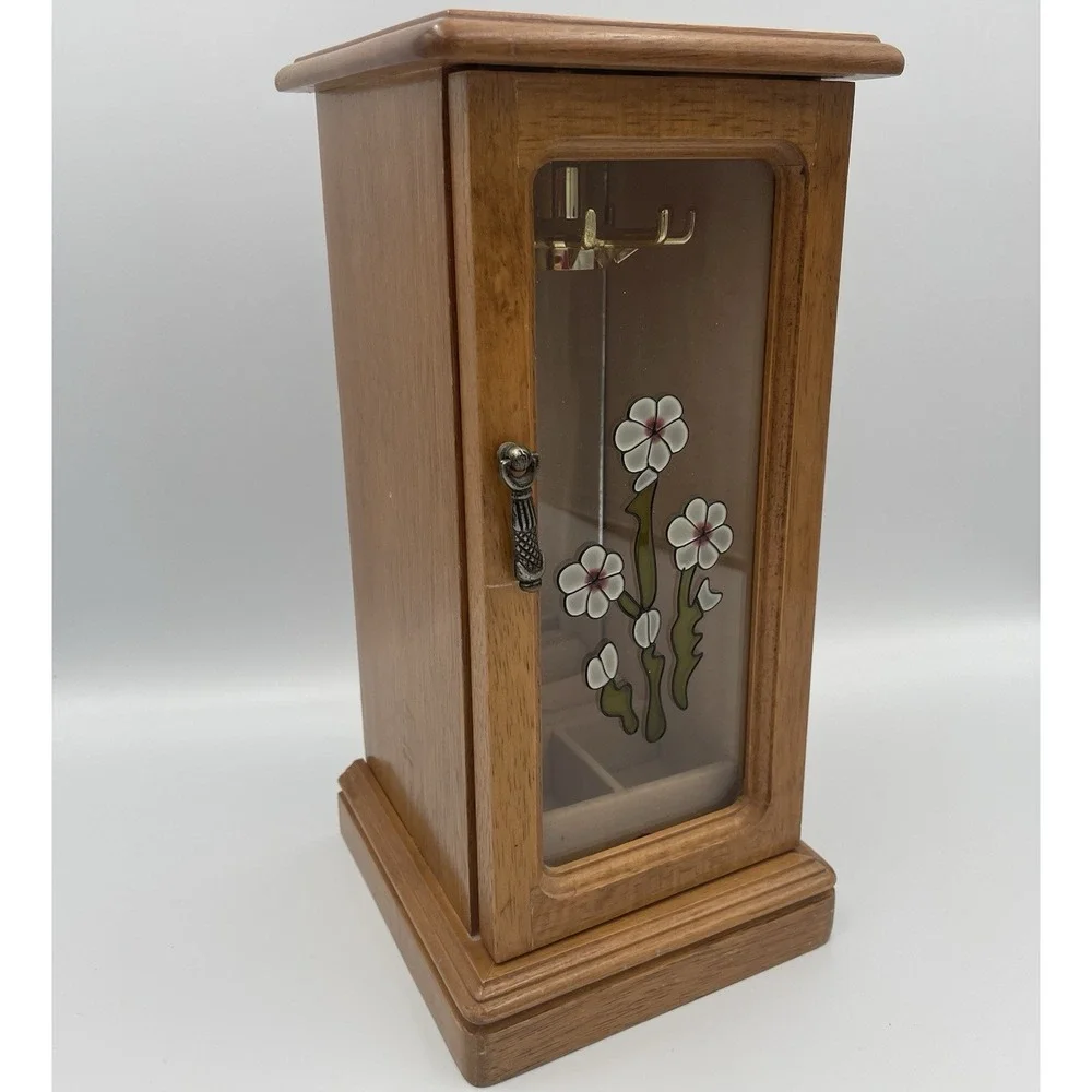 Vtg. Wooden Jewelry Box Centurion Ring Chest Floral Stained Glass Door Mirror